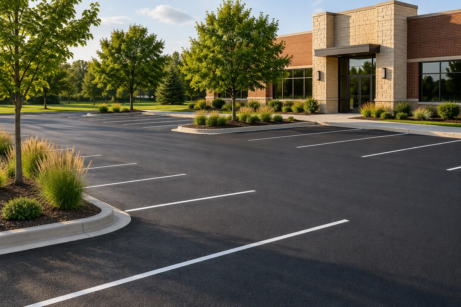 Illustrative commercial parking area with fresh white pavement markings