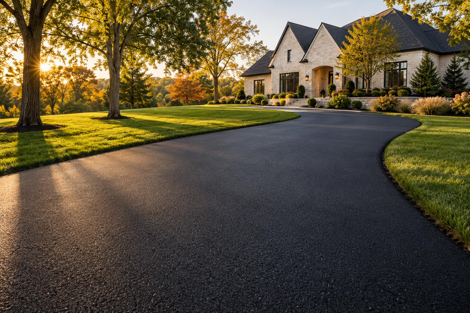 Illustration of a clean asphalt driveway curving toward a landscaped home