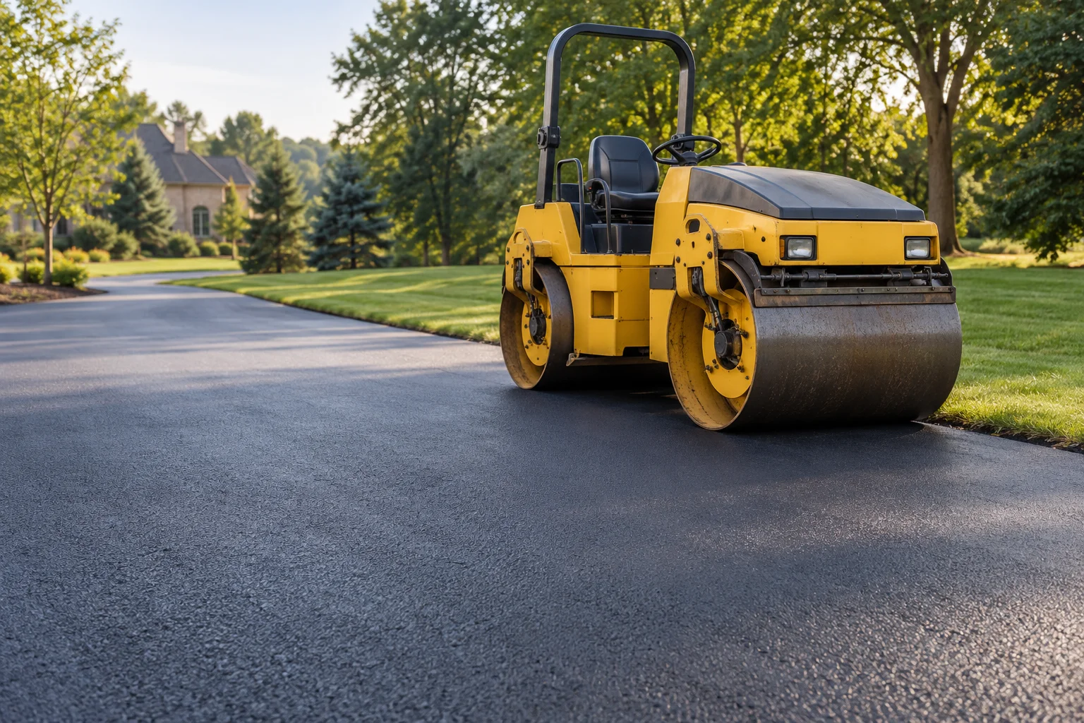 Illustrative view of a compact roller on freshly paved asphalt